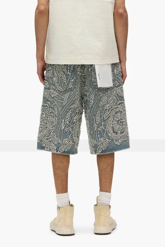 P070 Shorts ornés de perles cousues à la main et de cristaux
