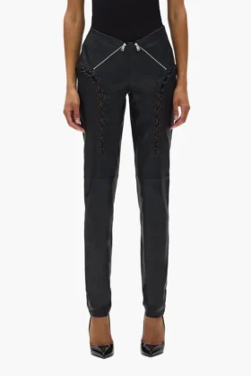 Pantalon en cuir à fermeture éclair en V