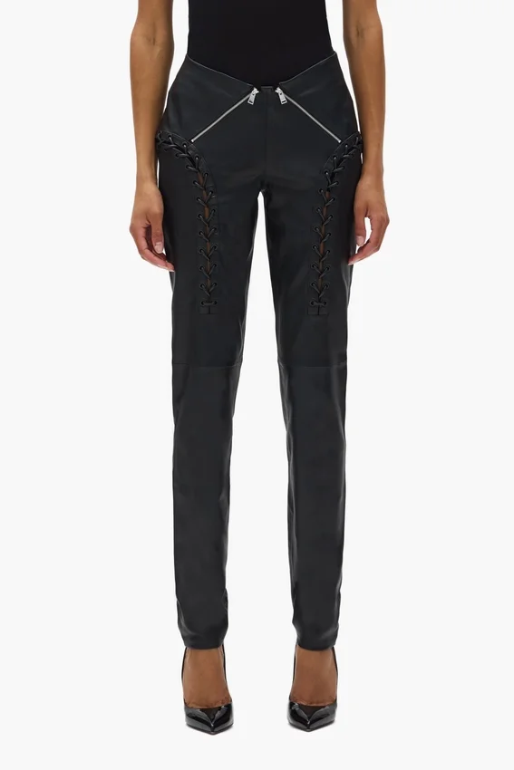 Pantalon en cuir à fermeture éclair en V