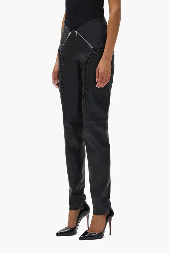 Pantalon en cuir à fermeture éclair en V
